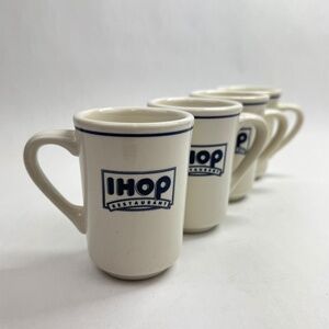 Vintage Buffalo China IHOP Restaurant Ware Coffee Mugs White Blue Logo Set of 4